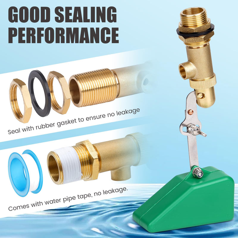 3/4 Inch Float Valve, Brass Water Float Valve for Water Tank, Float Ball Valve with Adjustable Arm for Livestock Waterer, Fountain, Aquarium, Aquaculture, Auto Water Level Control (2, green) 2