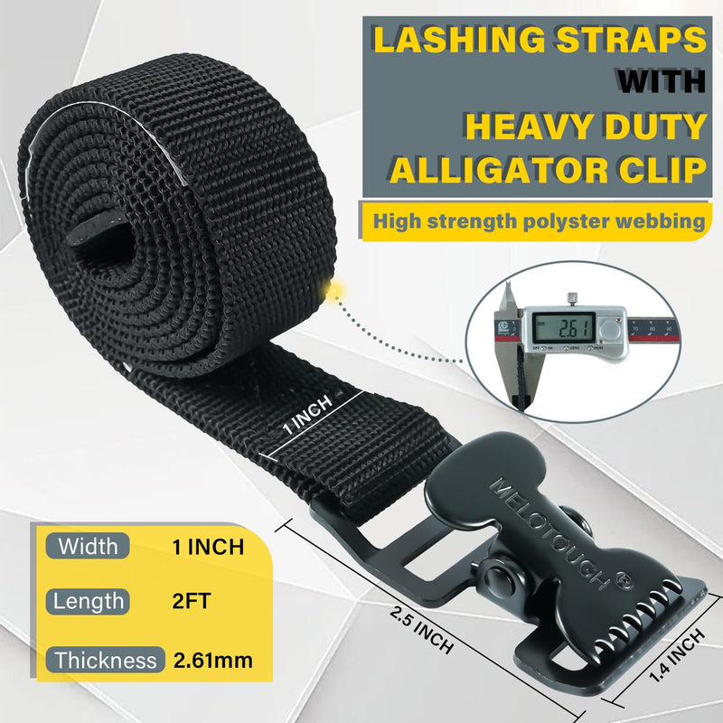[Australia - AusPower] - MELOTOUGH 4Pk 1" x 2ft Lashing Strap with Alligator Thumb Buckle Cargo Secure Webbing Up to 450lbs,Ladder Straps,Tie Down Straps,Utility Straps with Clips,Black 2 ft Black 