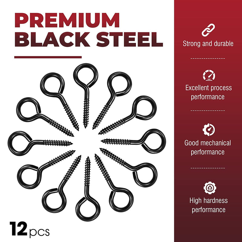 [Australia - AusPower] - 12Pcs Screw Eyes, 2.56 Inch Black Eye Hooks Screw Self Tapping Eye, Heavy Duty Eye Bolt for Wood Securing Cables Wire, Hammock Stand, Indoor & Outdoor Use 12Pcs 
