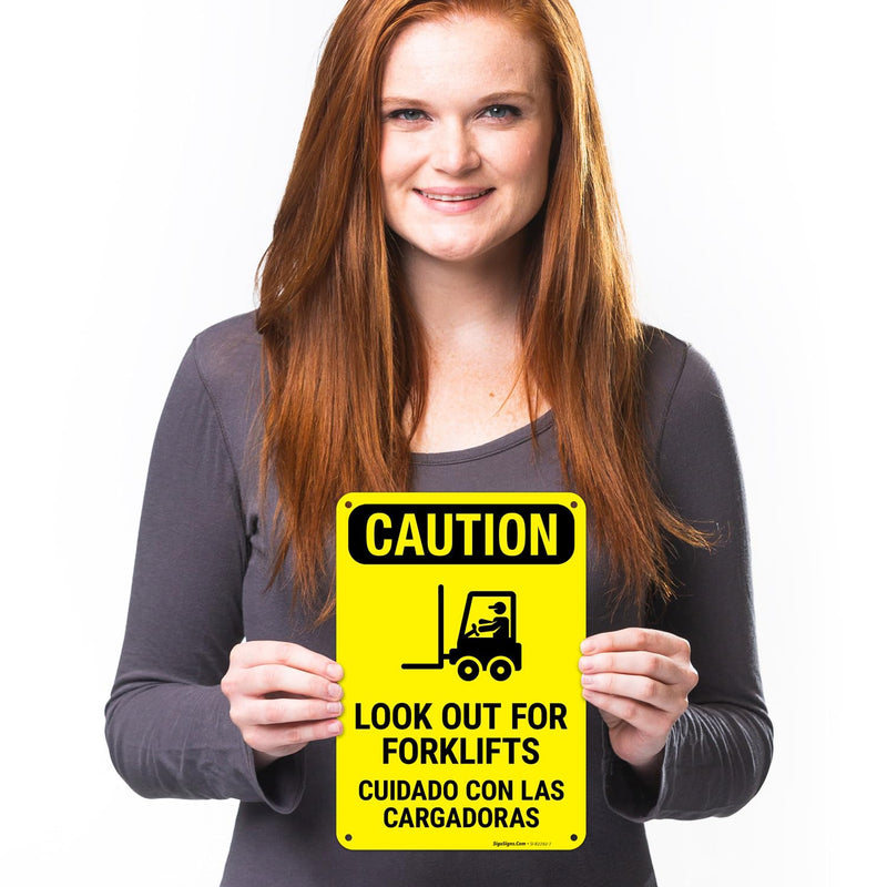 Caution Look Out for Forklifts Bilingual with Graphic OSHA Sign, 10x7 Inches, Rust Free .040 Aluminum, Fade Resistant, Made in USA