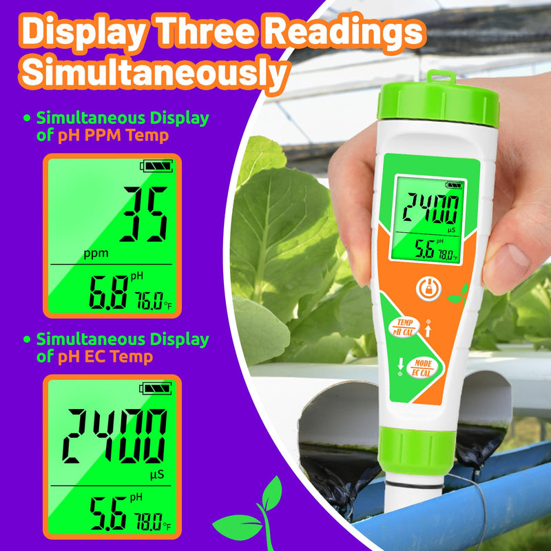 [Australia - AusPower] - pH Meter for Water Hydroponics Nutrient 4 in 1 Digital EC pH TDS Temp Meter for Water System PPM and EC Water Tester for Hydroponics, Indoor/Outdoor Plant Grow, DWC System, Gardening 