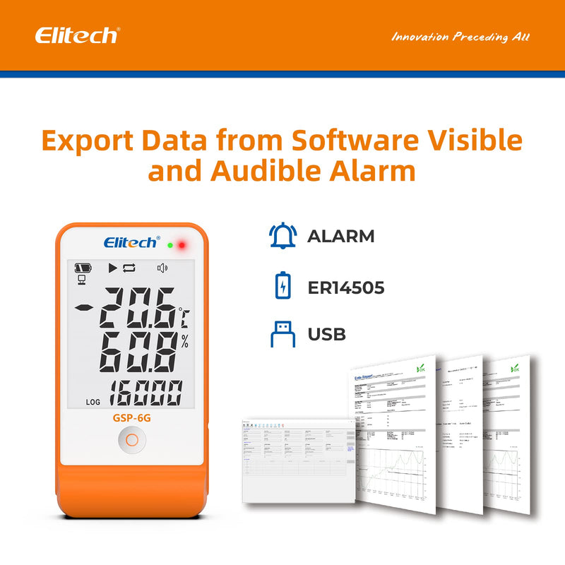 [Australia - AusPower] - Elitech GSP-6G Professional Thermo-Hygrometer - Precise Temperature and Humidity Meter with Alarm Function, Data Logger for Indoor & Outdoor Use (LCD Display, High Accuracy) Temperature logger with wet GSP6G 