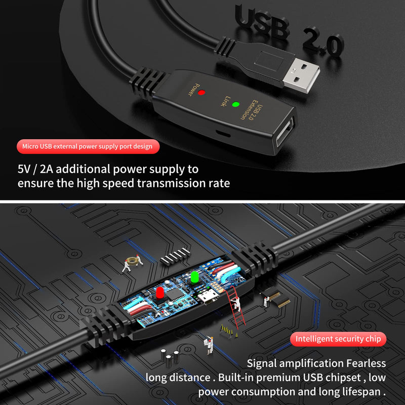 50FT Active USB Extension Cable 2.0 Male to Female with A Extension chipset Signal Booster - Active Extension/Repeate 50FT USB 2.0 Extension Cable Black