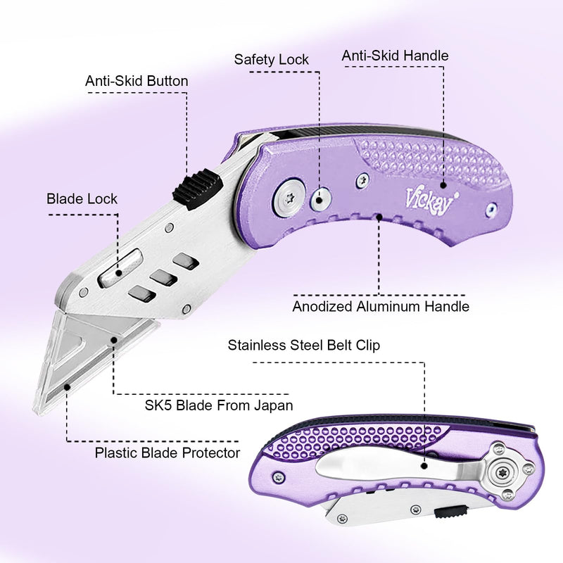 [Australia - AusPower] - Vickay Folding Utility Knife, Box Cutter with 5 SK5 Quick Change Blades, Safety Axis Lock Design Razor Knife, Lightweight Aluminum Handle Belt Clip for Office Home Artcraft （Light Purple) Light Purple 