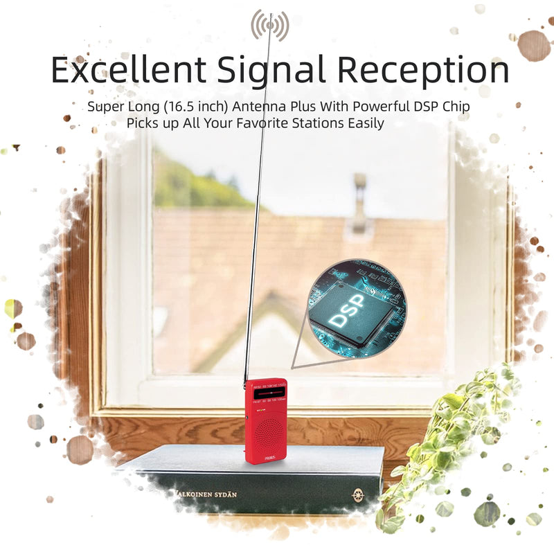 [Australia - AusPower] - PRUNUS J-166 Small Transistor Radio AM FM, Battery Operated Radio with Tuning Light, Back Clip, Excellent Reception for Indoor & Outdoor & Emergency Radio, Small Radio, Portable Radio Red 