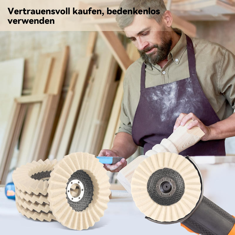Pack of 5 Polishing Discs 125 mm, 22.2 mm Wool Felt Polishing Attachment Angle Grinder, Abrasion-Resistant and Safe Glued, Polishing Discs for Sanding and Polishing Paint, Stainless Steel, Wood and Plastic