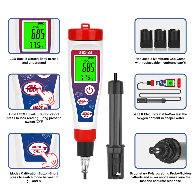 [Australia - AusPower] - Digital Dissolved Oxygen Meter,Dissolved Oxygen Test Kit with 4.92 ft Probe Cable, DO Meter Oxygen Analyzer with Accessories,Aquarium Pond Water Test Kit 0.0-40.0 mg/L 