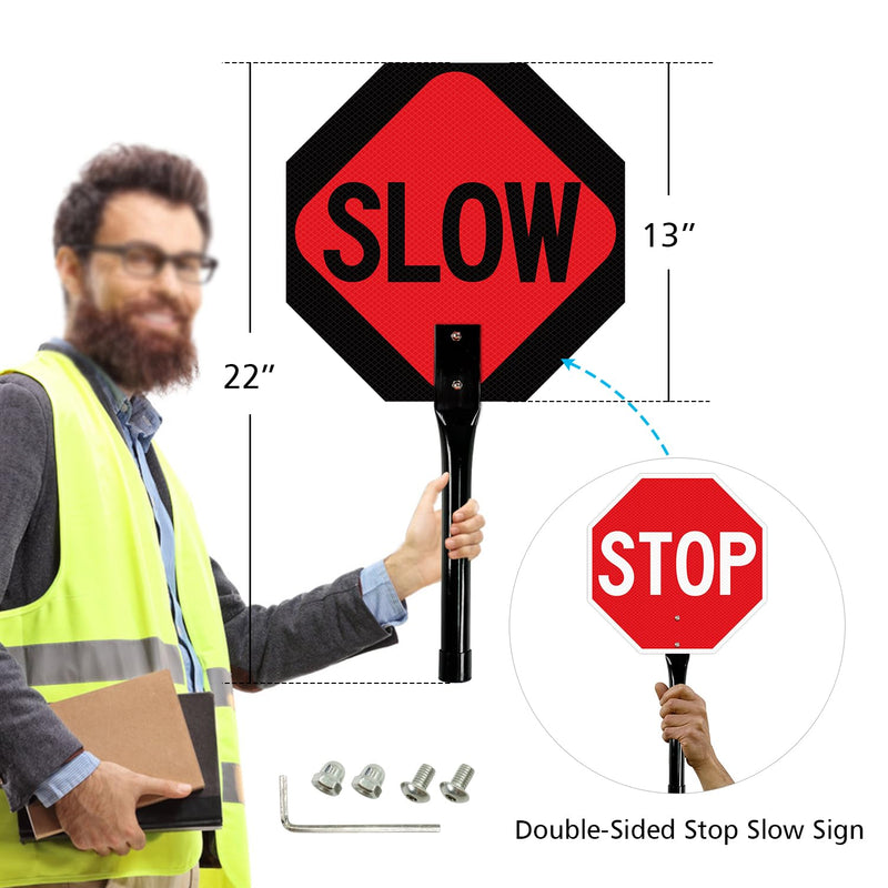 GicnKeuz Stop Slow Sign with Metal Handle, 13x13 inches Double Sided Slow/Stop sign, Traffic Reflective Aluminum Sign, Fade Resistant/Waterproof, Easy to Mount (2 Pack) STOP/SLOW sign 13"×13" - 2 pack