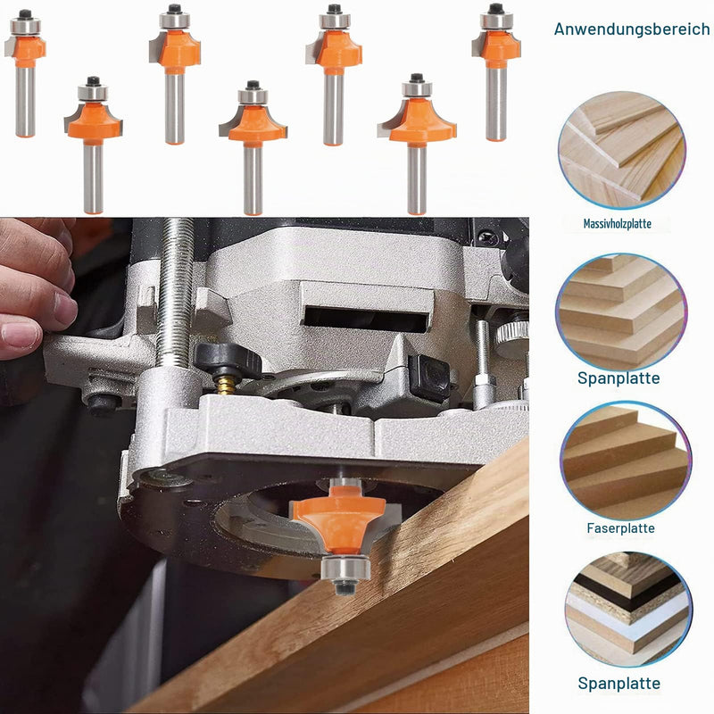 Rounding Router Bit Set HW with Ball Bearing, Shank 8mm, R 2-10mm | With interchangeable starting rings diameter 12.7/9.5 mm for round and quarter bar profiles. Comes in wooden box. 7-Piece Set (R 2-10 mm) Shaft 8 mm