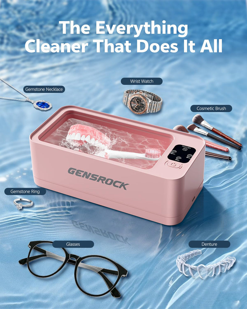 GENSROCK Ultrasonic Jewelry Cleaner, 48kHz Professional Silver Jewelry Cleaner & Diamond Ring Cleaner, 3 Modes, Scratch-Free 360ML Tank, Quiet Sonic Cleaner for Gold, Earrings, Glasses(Pink) Pink