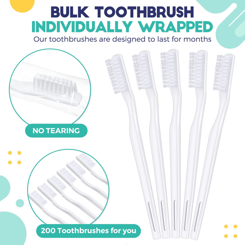 200 Pack Individually Wrapped Disposable Toothbrush Bulk Single Use Toothbrush Travel Toothbrushes Disposable Soft Bristle Adult Toothbrush Manual Tooth Brush for Women Men Hotels Guest Rooms, White