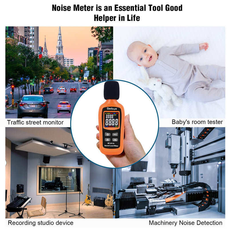 [Australia - AusPower] - Noise Decibel Meter, Gedaye Sound Level Meter, Range 35-135dBA, SPL Meter with A Weighted, Data Hold MAX/MIN Fast/Slow, for Classroom Workshop dB Reader Monitor Audio Measure Device Sound Detector Orange MT911 