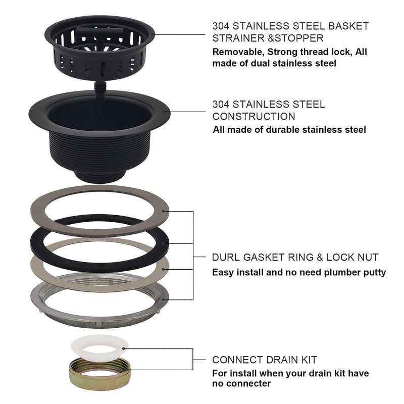EADOT 3-1/2 Inch Matte Black All Stainless Steel Kitchen Sink Drain Strainer Assembly with Strainer Basket, Drain Stopper Replacement for 3.5 Inch Kitchen Sink
