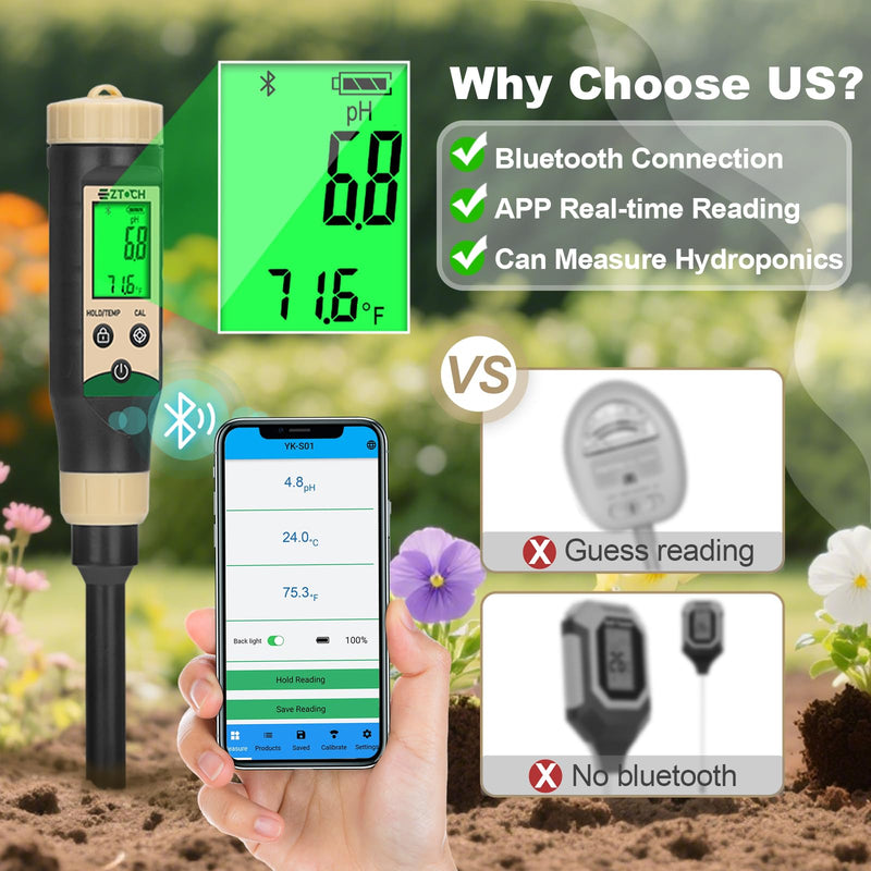 [Australia - AusPower] - Soil pH Meter for Food, Bluetooth Water pH Tester for Soil & Hydroponic, Digital pH Temp Meter for Blueberry Jam with ATC for Canning, Dough, Garden Lawn, Indoor Outdoor Plants, Raised Garden Beds 