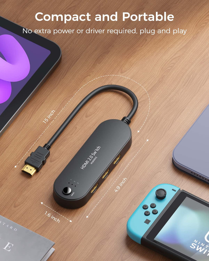 [Australia - AusPower] - HDMI Switch 4K@60Hz, Vilcome 4K HDMI Splitter 3 in 1 Out, 3 Port Hdmi Switcher Box Supports UHD 3D HDR, Multi Port HDMI Hub Selector for Xbox PS3 4 5 TV Gaming Roku HDTV Fire Stick 1.25FT Cable 