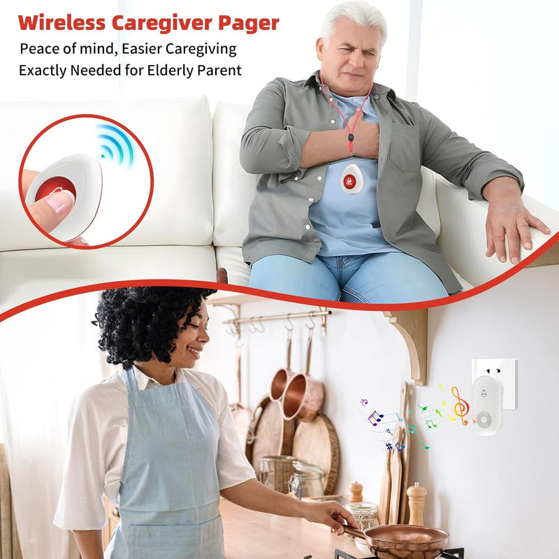 Wireless Caregiver Pager SOS Call Button for Elderly Monitoring 1000+ Feet Life Alert，Emergency Alert System Call Bell for Nurse Patient Disabled 2 Waterproof Transmitter & 2 Plugin Receiver 2T2