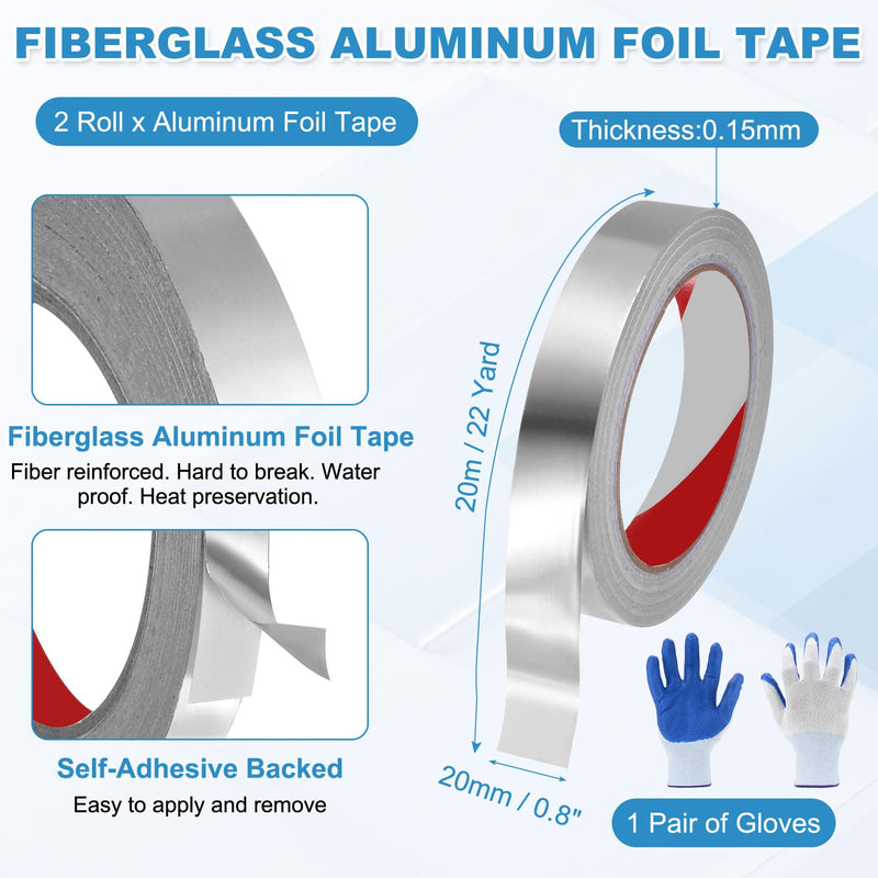 MECCANIXITY 2 Pack Aluminum Foil Tape, 22 Ftx0.8inx5.9mil Heavy Duty HVAC Tape Metal Duct Tapes Heat Resistant Tape Insulation Tapes with Gloves for Air Ductwork, Dryer Vent, HVAC Sealing