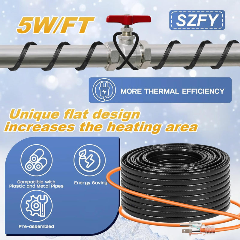 3FT~200FT Heat Tape for Water Pipes, -40°F Deicing Cable,Pipe Heat Cables for Roof,Gutter，Farm，Freeze Protetion Heating Wires, Heated Water Hose,Plumbing Fixtures,120V 5W/FT (24FT) 24FT