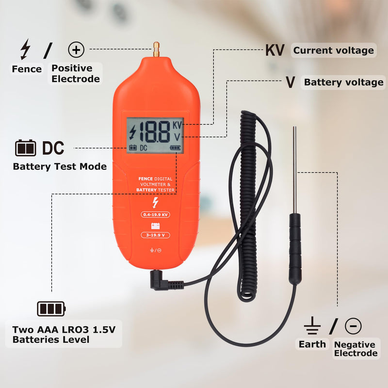 [Australia - AusPower] - Electric Fence Tester Fault Finder Digital Electric Fence Voltage Tester Max 19.9kv, Fence Voltage Tester with Large LCD Display, Grounding & 1.5V Battery Included 