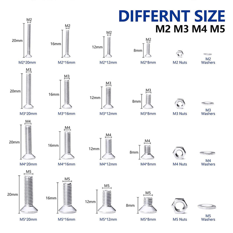 NINDEJIN 880Pcs M2 M3 M4 M5 Stainless Steel Precise Metric Hex Socket Head Cap Machine Screws,Round Flat Socket Bolts and Nuts Set and Washers Assortment Kit +Wrench (Flat Head Cap) 880 Hex Flat Head Socket Screws Nuts