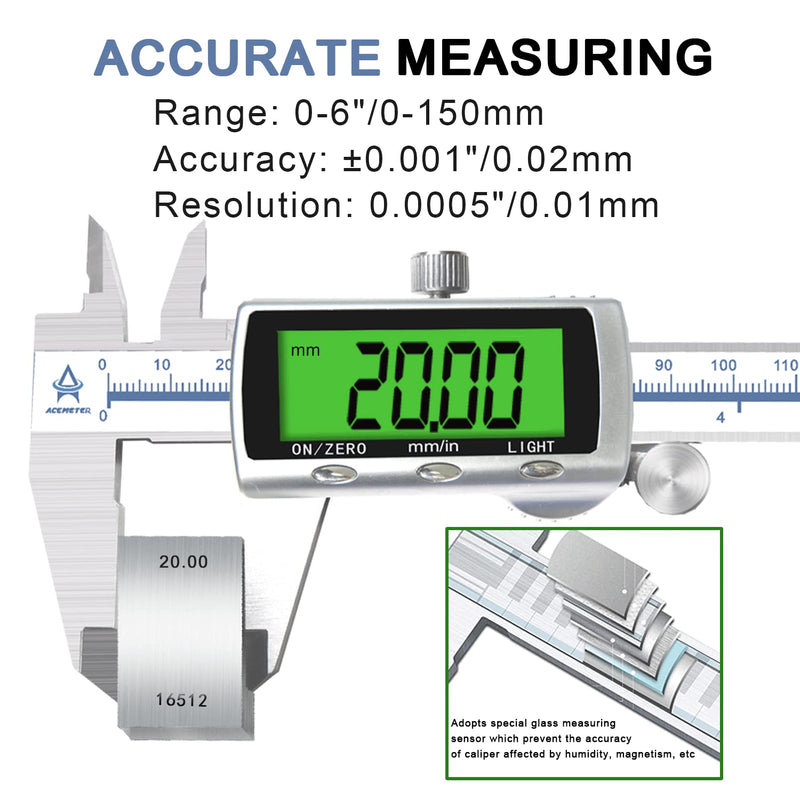 [Australia - AusPower] - ACEMETER Digital Vernier Calliper with Backlight 150 mm / 6 Inch with Large LCD Precision Thrust Gauges Depth Gauge Stainless Steel Analogue IP54 Waterproof for Indoor Outdoor Steps Brass 