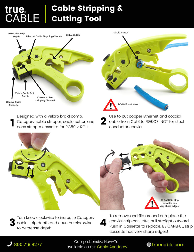 [Australia - AusPower] - trueCABLE Wire Stripping and Cutting Tool for UTP, FTP, STP, Cat5e, Cat6, Cat6A Ethernet, RG59, RG6, RG7, RG11 Coax Cable, Adjustable Blade Depth 1 