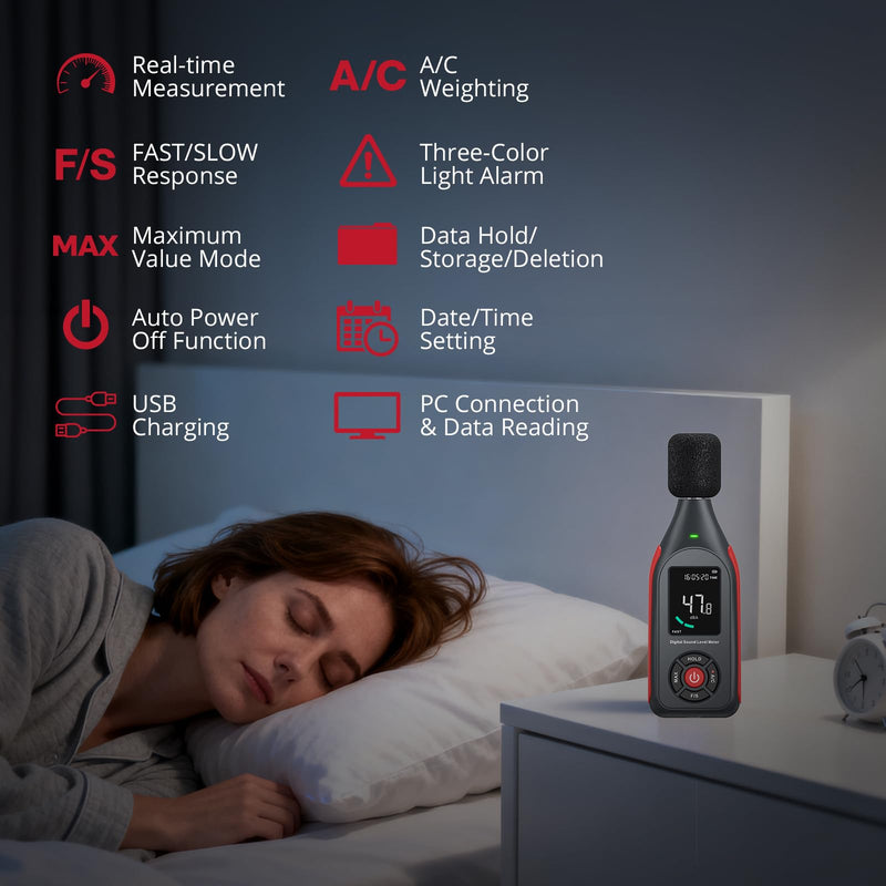 BINTA Decibel Meter Sound Level Meter 30dB to 130dB | With data acquisition and graphic printing, 43,000 data sets, A/C weighted, MAX, 3-colour alarm for DIY shops
