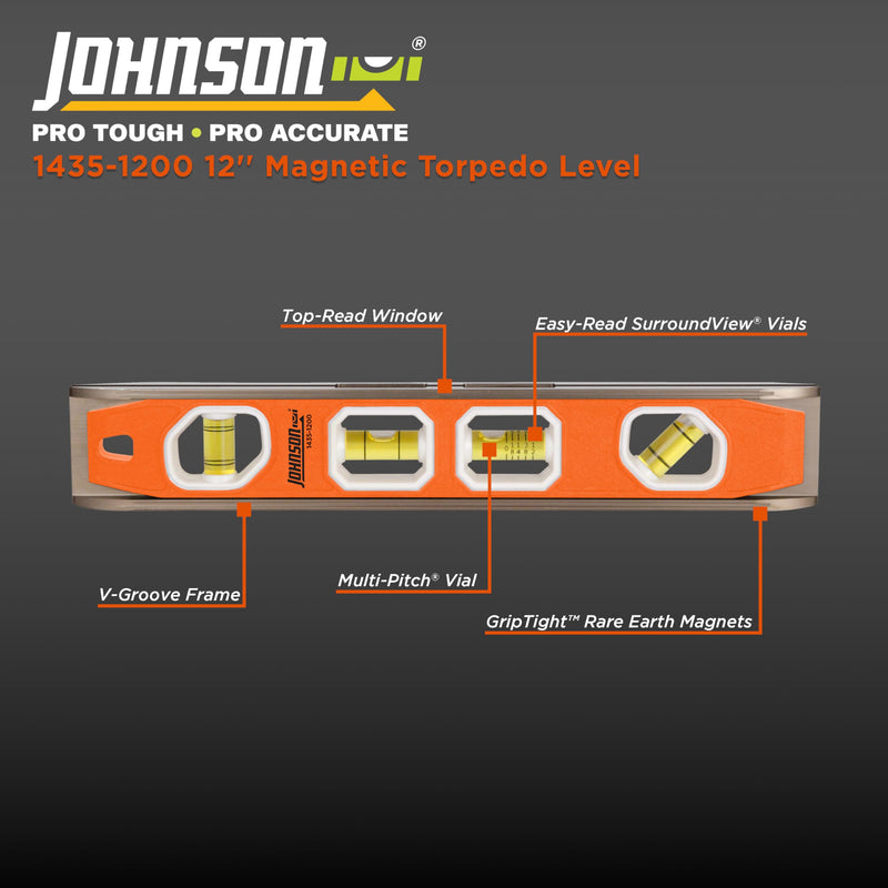 [Australia - AusPower] - Johnson Level & Tool 1435-1200 Magnetic Torpedo Level, 12", Orange, 1 Level 12 Inch 