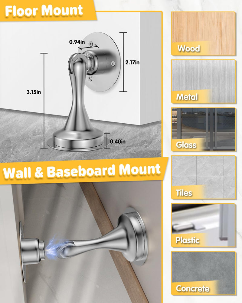 [Australia - AusPower] - Door Stoppers Magnetic Door Catch - 2 Pack Stainless Steel Heavy Duty Door Holder Stops for Bottom Top of Door - Wall Floor Mounting No Drill 3M Adhesive & Screws Strong Magnet Keep Door Open Silver 