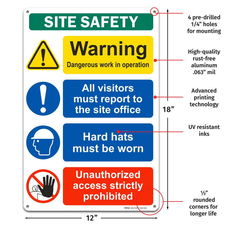Brimar - 12" x 18" - Construction Site Safety Sign - .063″ White Rust-Free Aluminum - Bold Text - Easy Installation 12x18" Site Safety (Aluminum)