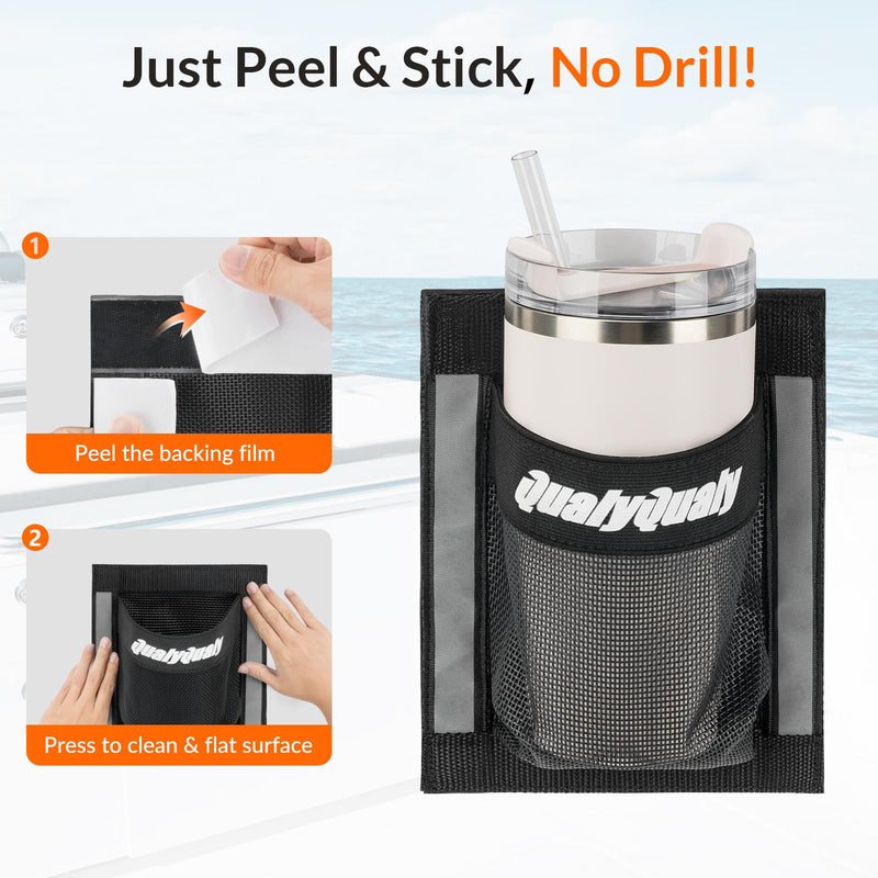 QualyQualy Self-Adhesive Boat Cup Holder Phone Holder, 2-Pack Boat Organizers and Storage Bag with Strong Adhesive, 6.5"x7.5" Boat Caddy, Securely Tools Holds Large Drink Bottles (3.3" In Dia) Cup Holder: 6.5" (W) x 7.5" (H)