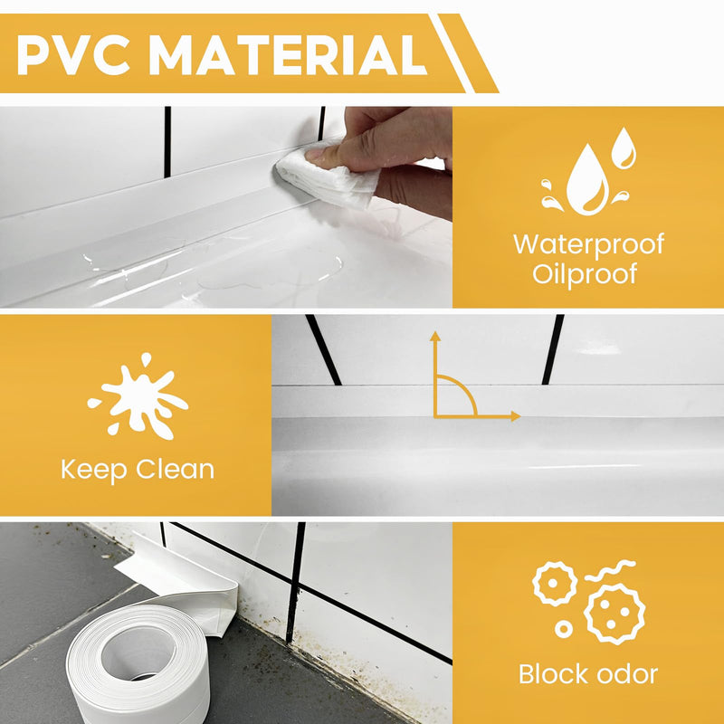 White Caulk Tape, 2 Rolls Waterproof Self Adhesive Bathroom Caulk Strip, 1.5" x 10.5Ft Caulking Sealant Tape for Kitchen Sink, Bathtub, Toilet Base and Wall Edge with Sealing Tool White