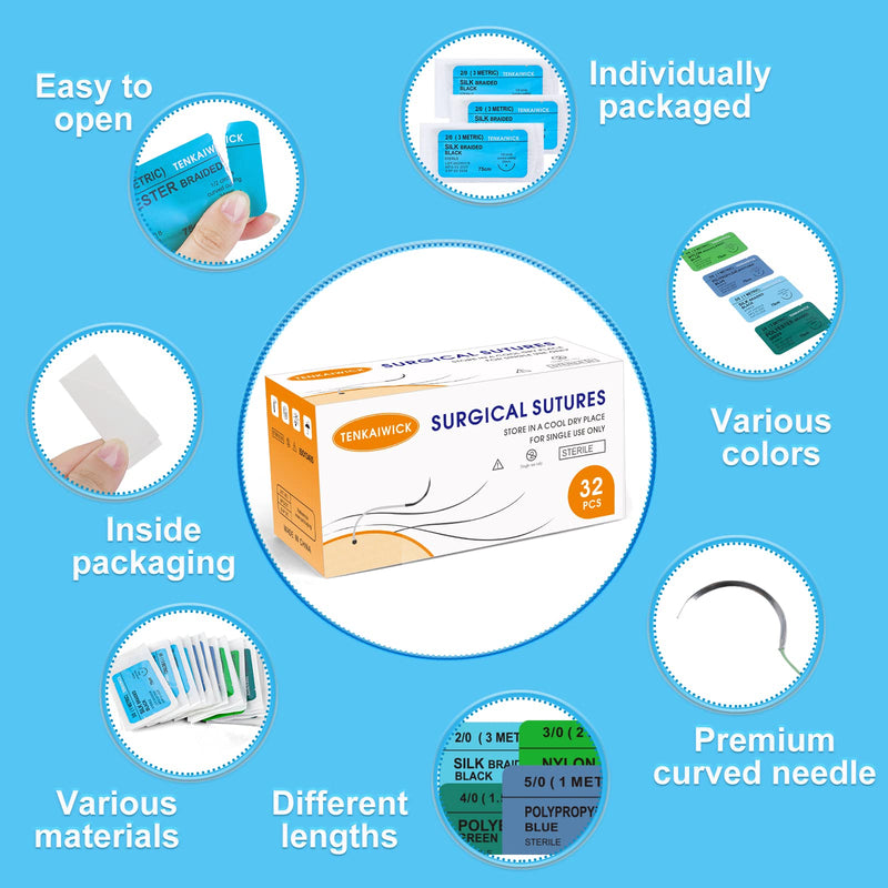 [Australia - AusPower] - 32 Packs Sutures Thread with Needle,Mixed Sutures, Training Threads (Non-Absorbable: Nylon, Polyester, Polypropylene,Silk,4 Material) for Practicing Suturing can be Used for Suture Pads, Fruit peels 32P 