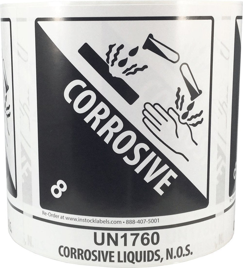 Hazard Class 8 D.O.T. UN1760 Corrosive Liquids N.O.S. Labels, 4 x 4 3/4 Inch Square Black and White Hazmat Stickers, 500 Adhesive Shipping Labels – Made in the USA