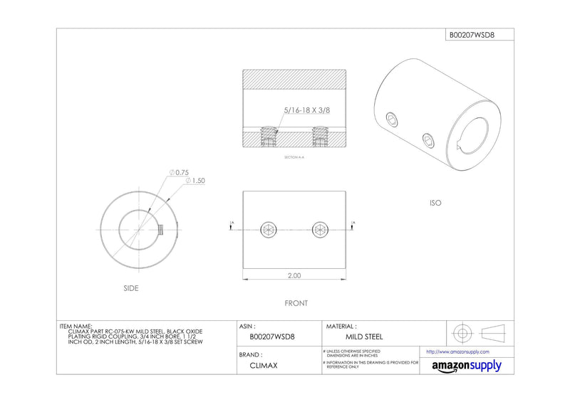 [Australia - AusPower] - RC-075-KW Black Oxide Plated Mild Steel Rigid Coupling, 3/4" Bore, 1-1/2" Outside Diameter, 2" Length, 5/16"-18 x 3/8" Set Screw 1 Count (Pack of 1) 