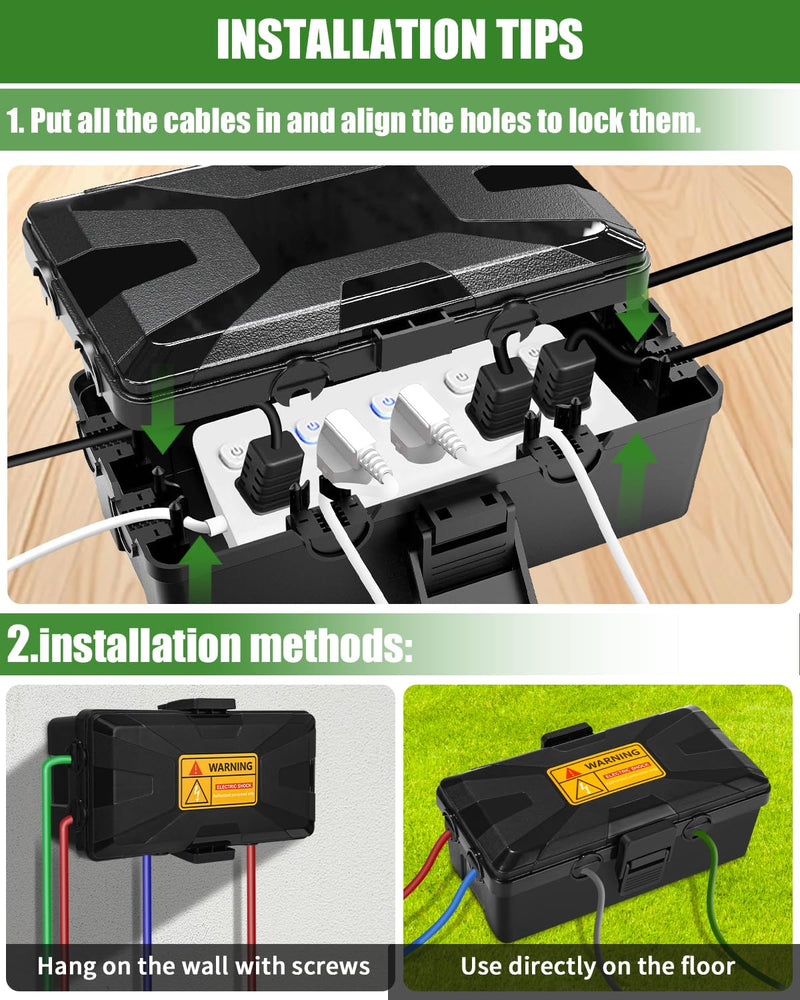 Waterproof Cable Box, 26.1 x 15 x 9.4 cm, Outdoor Cable Safe Box, Cable Box | 6 cable inputs and outputs, weatherproof connection box covers protect socket, timer, holiday light, black Black (black-1)