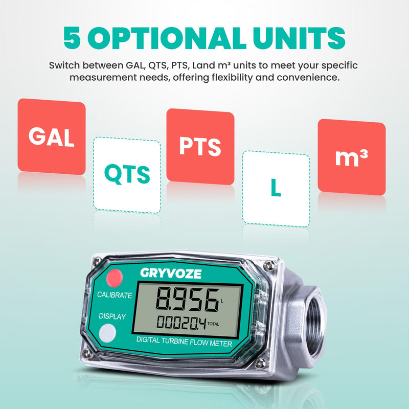 [Australia - AusPower] - 3/4 Inch Digital Turbine Fuel Flow Meter, 0.8-13.2 GPM Inline NPT Thread Flowmeter with 360° Swivel Connector for Water, Diesel, Gas Oil, Gasoline, Kerosene & More, Supports Gallon, QTS, PTS, L, m³. 3/4 inch 