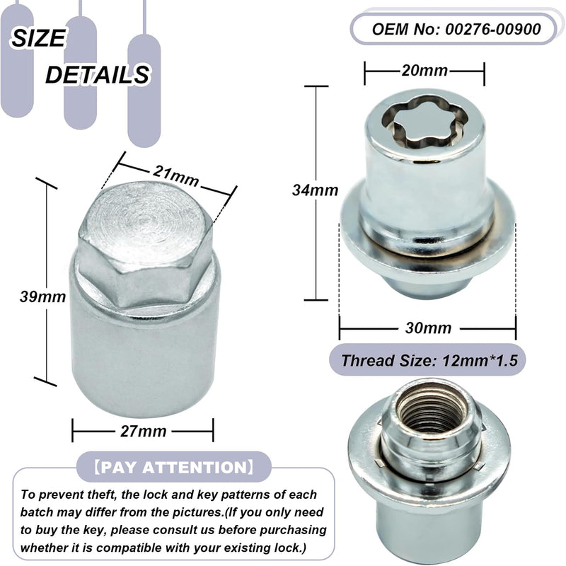 00276-00900 Wheel Lock Lug Nuts Set M12 x 1.5, Compatible with 2001-2026 Toyota Avalon C-HR Camry Celica Corolla Highlander Matrix Mirai MR2 Prius RAV4 Sienna Solara Tacoma Venza Yaris & Lexus, Chrome Silver 00276-00900