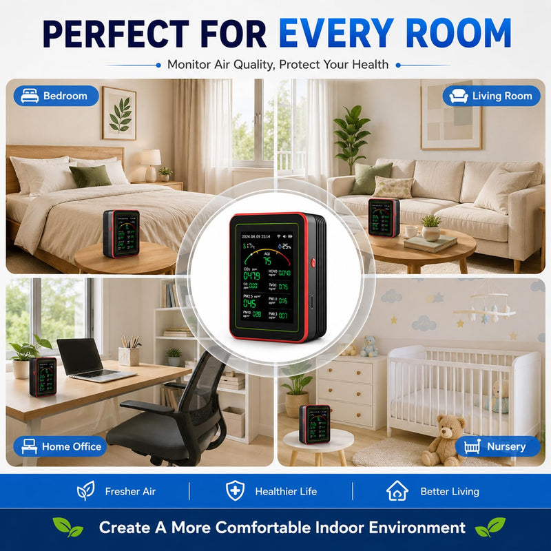 15-in-1 WiFi Indoor Air Quality Monitor with App, CO₂, TVOC, HCHO, PM2.5 and PM10 Monitor, Temperature and Humidity Display, Colour Display, Air Quality Alarm for Home and Office WiFi 15in1