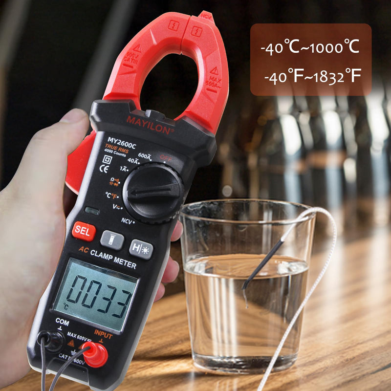 [Australia - AusPower] - MY2600C Clamp Meter AC 600A Amp Meter, 4000 Counts Digital Multimeter Voltage Tester, Measures Temperature, NCV, Voltage and Current Test, Diode, Resistance, Capacitance, Continuity 