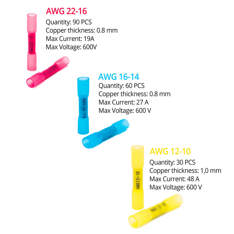 [Australia - AusPower] - Wirefy 180 PCS Heat Shrink Butt Connectors Kit - Marine Grade Wire Butt Splice Connectors - Electrical, Waterproof - 22-10 AWG | Heat Shrink Wire Connectors Kit | Wire Connectors Heat Shrink Butt Connector Kit - 22-10 AWG 