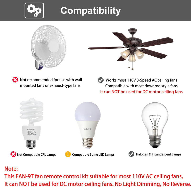 CENMING FAN-9T Thermostatic Ceiling Fan Light Remote Control Kit for Hampton Bay Hunter,w/Receiver Fan Timer Key LCD Display Temp 3-Speed, Replacement for FAN-9T L3HFAN-9T, No Dimmer No Reverse 9T FAN TIMER Kit