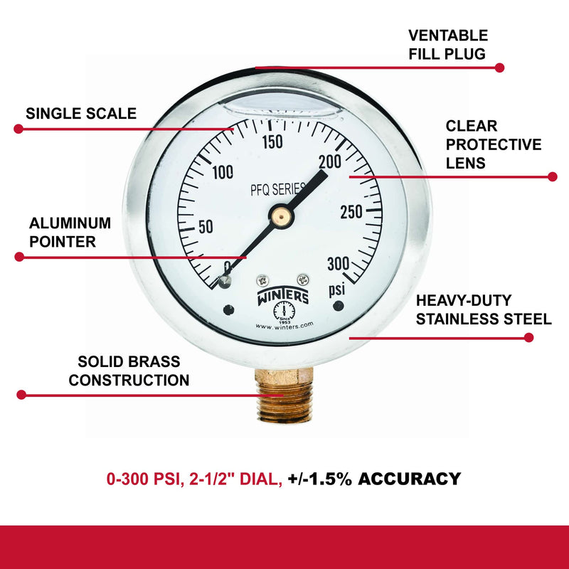 [Australia - AusPower] - Winters 2-1/2" Dial Size, Liquid Filled Industrial Pressure Gauge, Brass Internals, 304 Stainless Steel Case, Single Scale 0-300 psi, 1.5% Acc, 1/4" NPT Bottom Mount, Glycerin Filled Pressure Gauge 0/300 PSI 