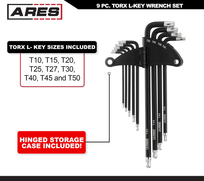 ARES 70257 - Extra Long Ball End Torx L-Key Set - 9-Piece Set Includes Sizes T10-T50 - Anti-Slip Textured Black Coating & Premium S2 Steel Construction - Storage Case Included 9pc Extra Long Ball End Torx L-Key