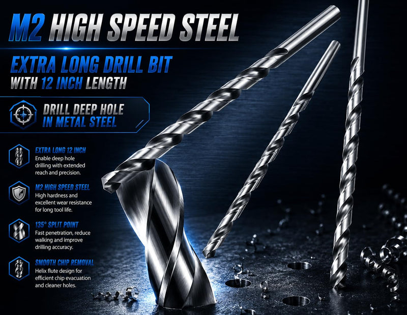HSS Drill Bit Set 1/2 in. x 12 in. Aircraft Extension Extra Long M2 Bright Deep Hole Drill-3Pcs 1/2"x12" (3Pcs)-M2 Bright