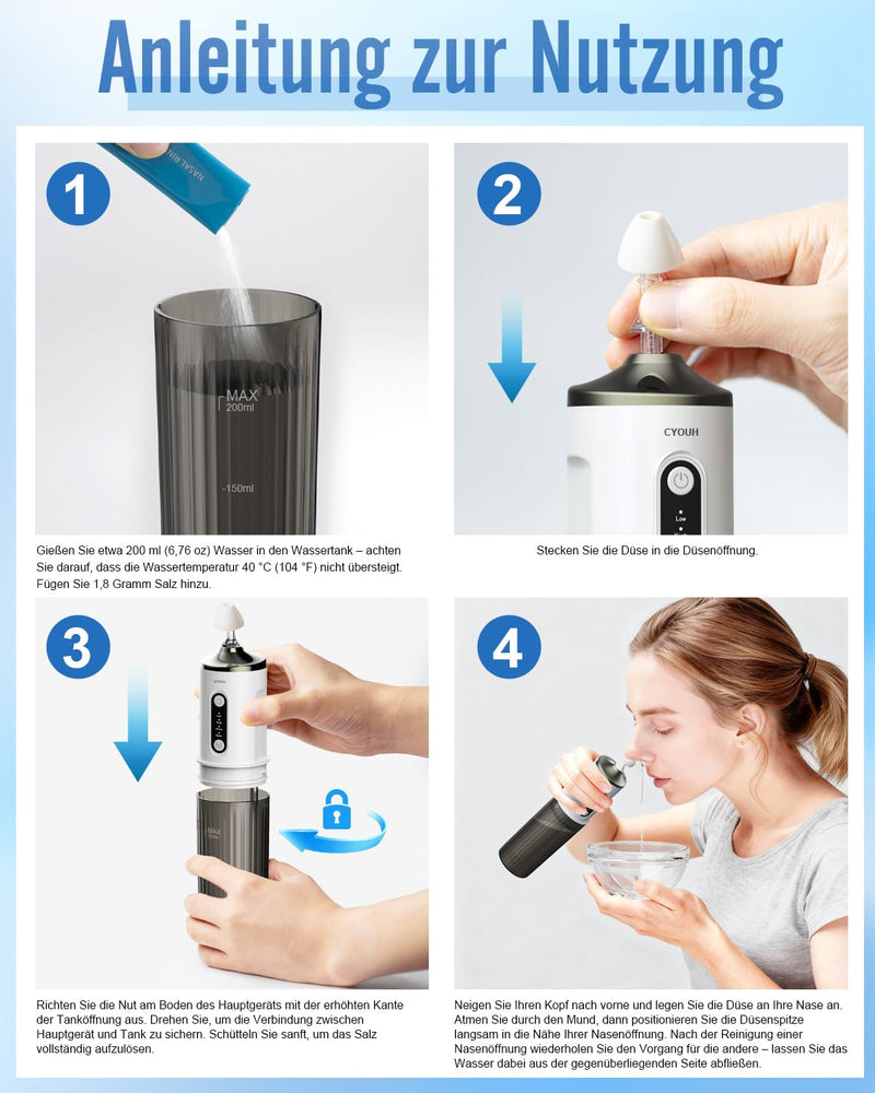 Nasal Irrigation System: Wireless Nose Washer to Relieve Sinus Discomfort, Nose Care, Electric Neti Jug with 4 Tips, 30 Nose Wash Salt Packages (Black) Black