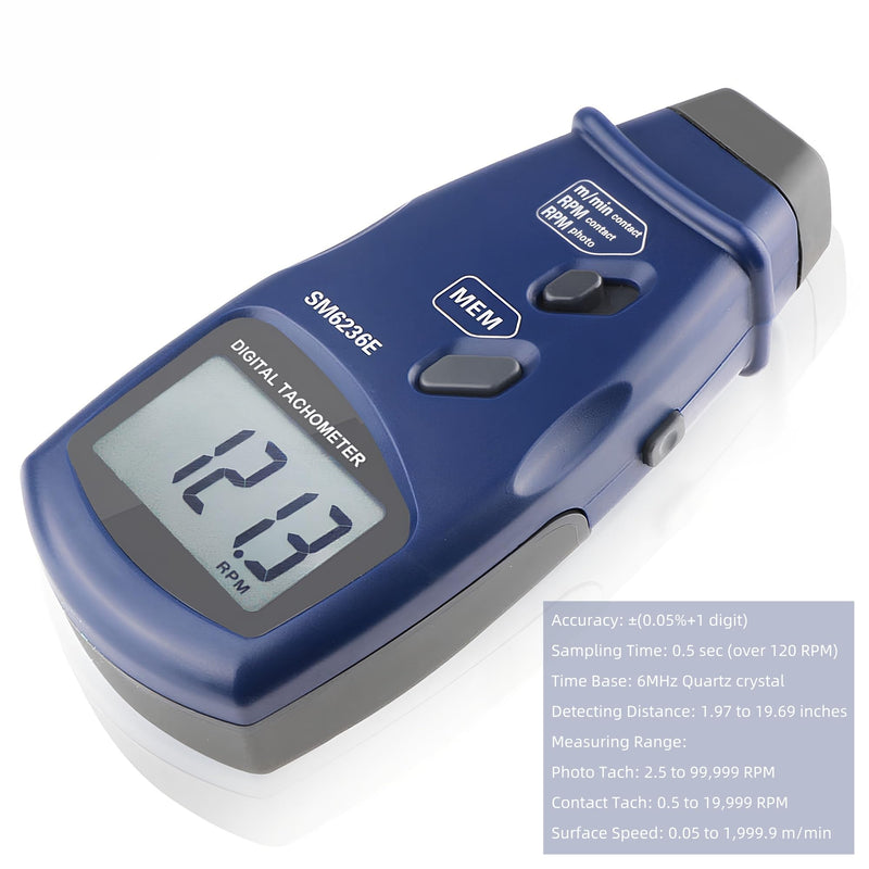 [Australia - AusPower] - Digital Tachometer SM6236E, Contact/Photo Laser RPM Tachometer, Handheld High Accuracy Rotation Meter Tester with 5 Digits Backlight LCD for Small Engines Motorcycles, 2.5 to 99,999 RPM 