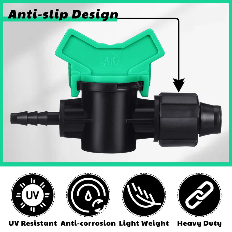[Australia - AusPower] - Hiboom 20 Pcs 5/8" Drip Tape x 1/4" Barb Tubing Takeoff Adapter Valve Extended Barb Design for a Tighter Fit Green T Handle Water Valve Adjustable Shut Off Valve for Watering Plants in Gardens Lawn 