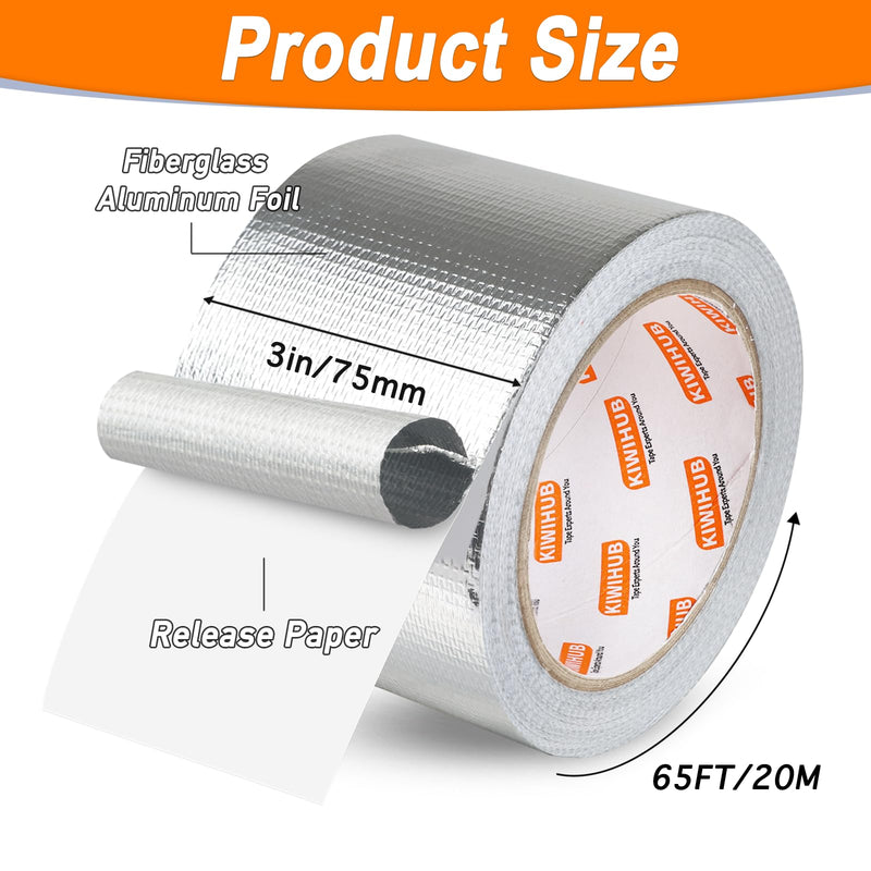 Adhesive Aluminum Foil Heat Shield Tape Barrier，Fiberglass Thermal Insulation Reflective Tape for High Temp Protection, Hose and Auto Use(Silver,3in X 66ft)