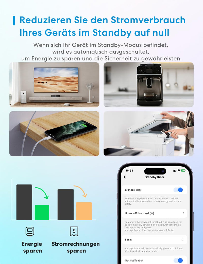 Meross Matte WiFi Socket with Power Consumption, Smart Socket with Electricity Meter for Balcony Power Plant, Works with Apple Home, Home Assistant, Alexa and Google Home, Voice Control, Remote Access | 16A smart socket with electricity meter for balco...